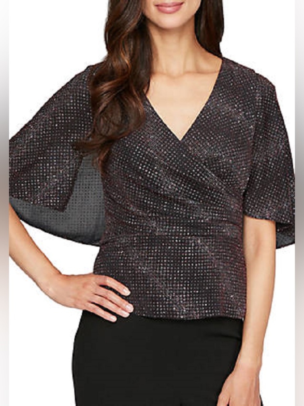 ALEX EVENINGS BLACK RED GLITTER BLOUSE SMALL NWOT